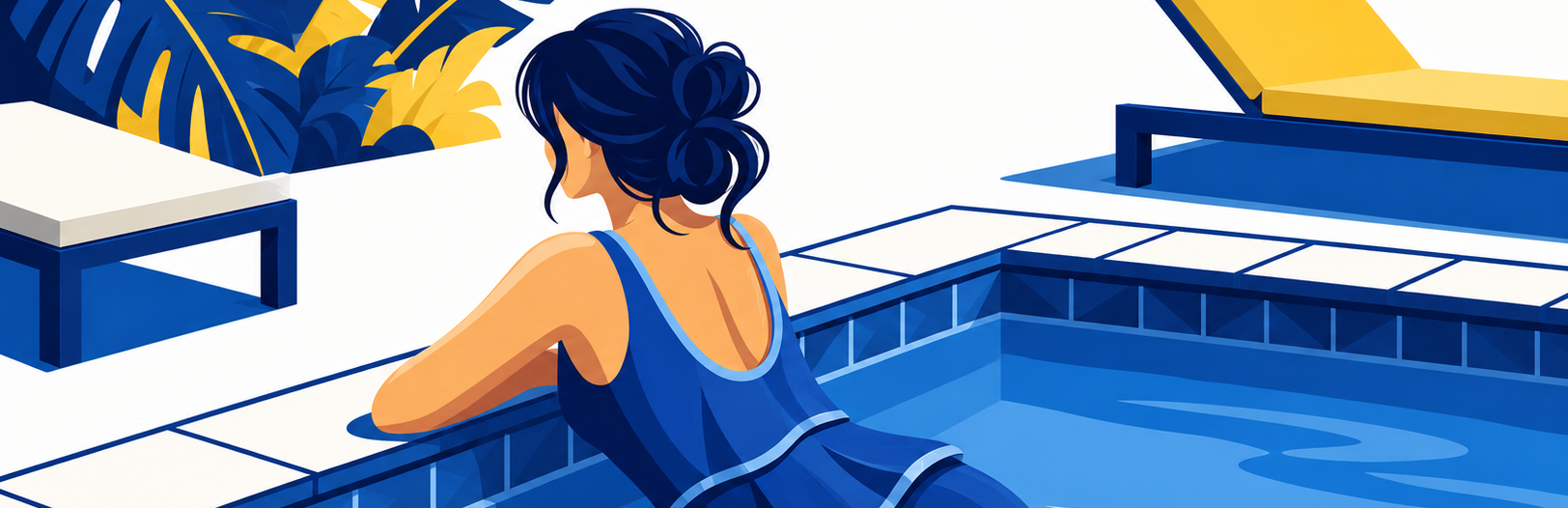 Blue-and-yellow poolside illustration of a swimmer beside a swimming pool and lounge chairs