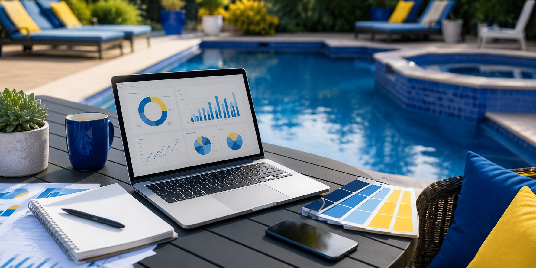 Poolside marketing workspace with a laptop, blue-and-yellow campaign charts and a swimming pool