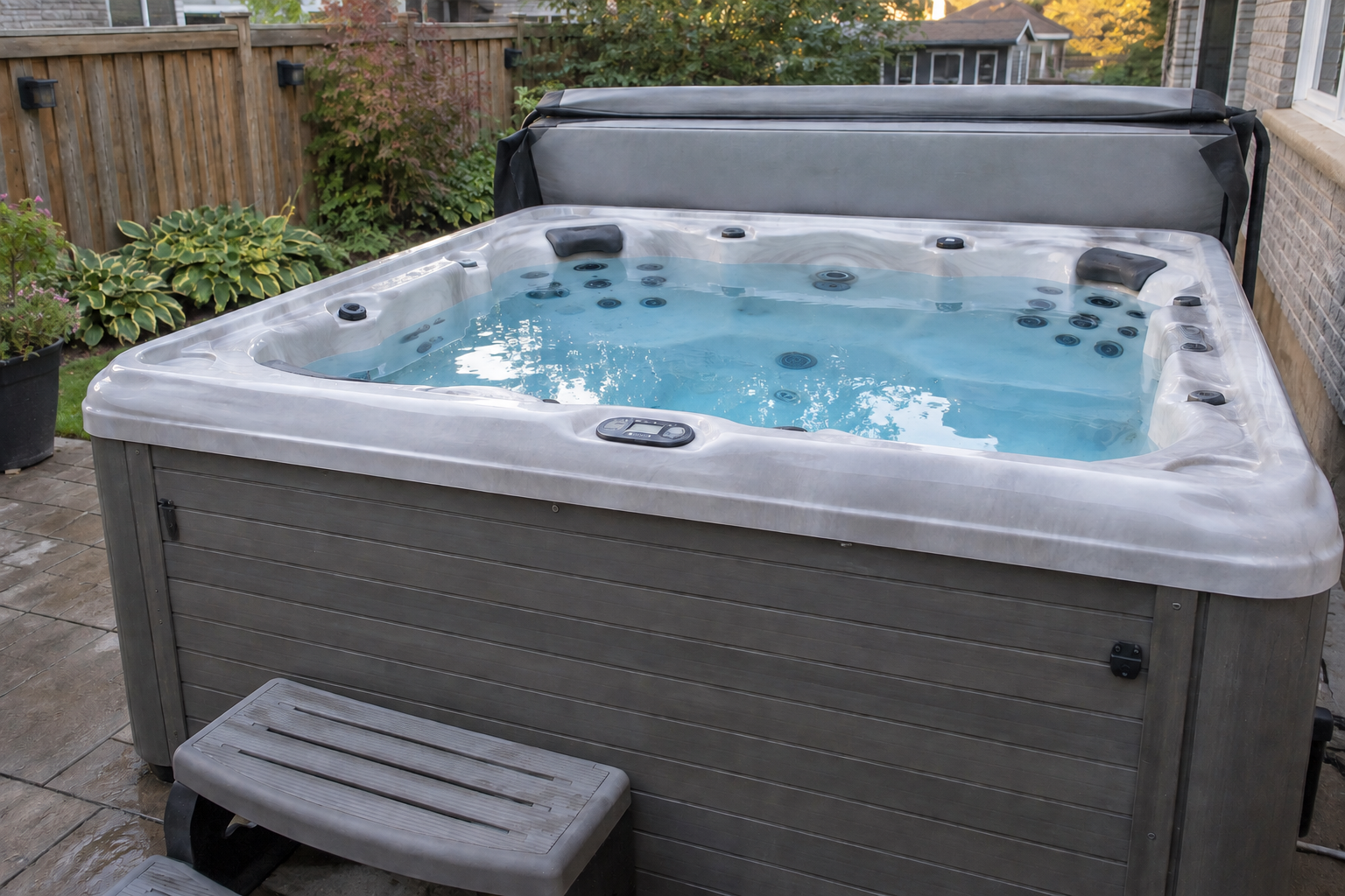 Hot tub after draining, cleaning, refilling and balancing