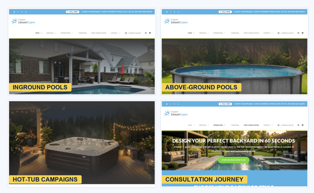 Custom LeisureScapes website product and campaign landing pages